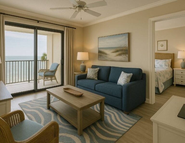 Oceanfront timeshare unit living room in Hilton Head with balcony view and coastal décor