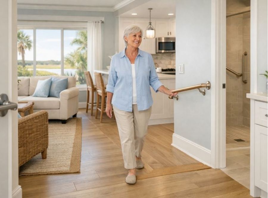 Senior woman walking confidently through a bright Hilton Head home, lightly holding onto a wall‑mounted safety grab bar near an accessible bathroom and open‑plan living area.