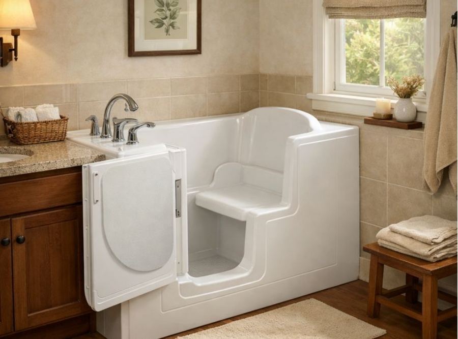 Walk‑in bathtub with an integrated seat and inward‑opening door installed in a cozy, traditional bathroom, designed to provide safer, easier bathing for aging adults.